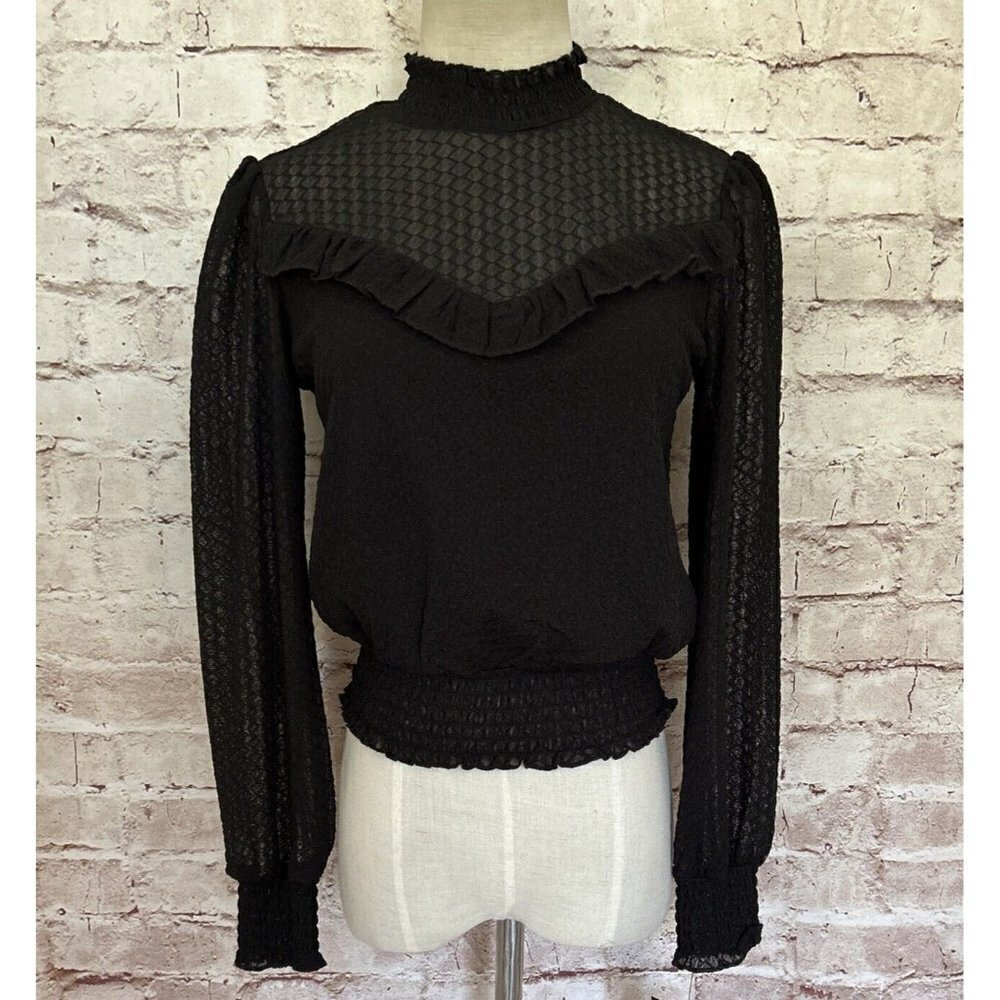 iZ Byer Blouse Top Juniors XS Black High Neck Sheer Long Sleeve Ruffled Cuff NEW
